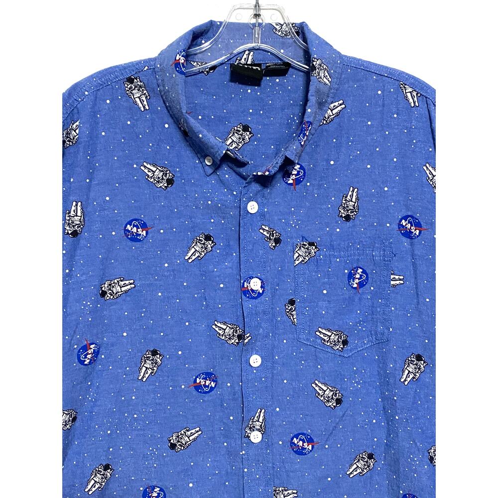 NASA Space Astronaut Mad Engine Oxford Blue Button Shirt Mens M All Over Print - Picture 2 of 8